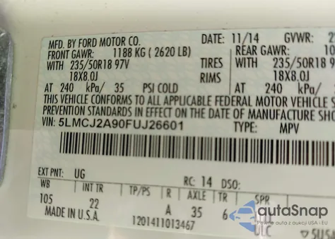 2015 Lincoln Mkc z USA, uszkodzony, nr VIN 5LMCJ2A90FUJ26601